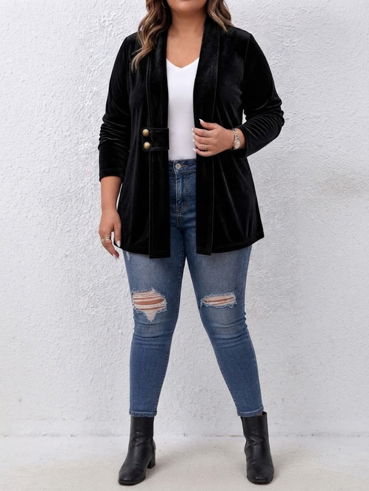 Women's Lapel Button-Accent Open Front Blazer, view 5 - Elena Harper