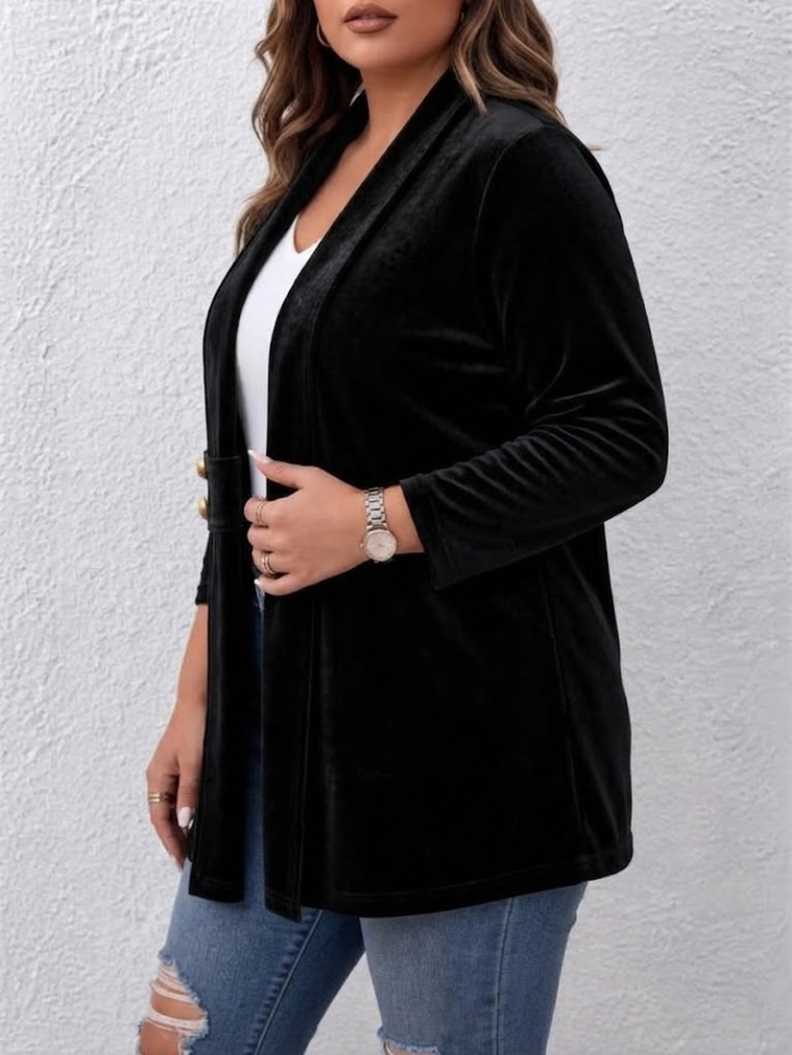 Women's Lapel Button-Accent Open Front Blazer, view 3 - Elena Harper