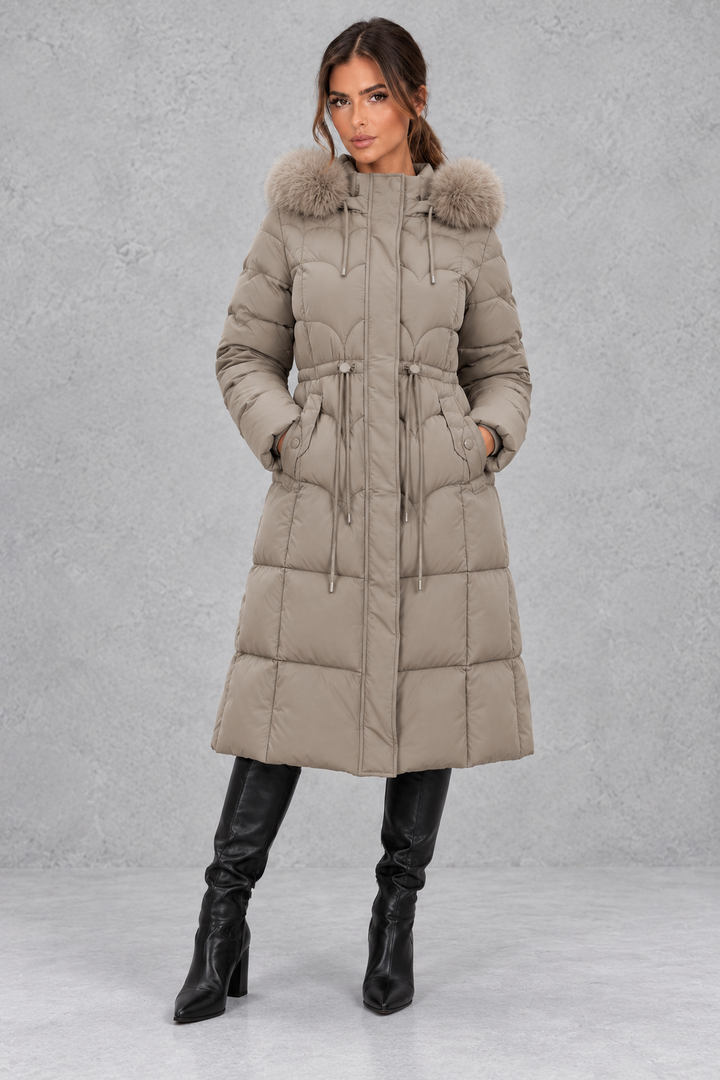 Women’s Longline Quilted Puffer Coat with Faux Fur Hood - Elena Harper