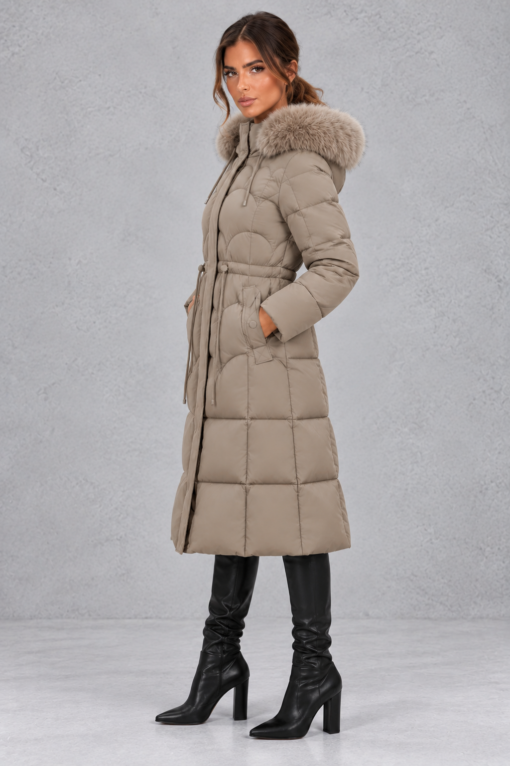 Women’s Longline Quilted Puffer Coat with Faux Fur Hood, view 2 - Elena Harper
