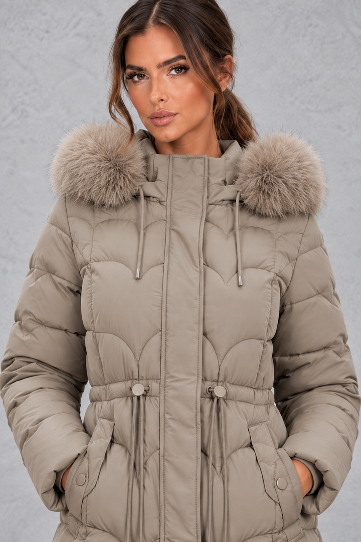 Women’s Longline Quilted Puffer Coat with Faux Fur Hood, view 3 - Elena Harper