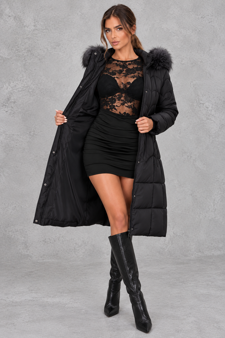 Women’s Longline Quilted Puffer Coat with Faux Fur Hood, view 5 - Elena Harper