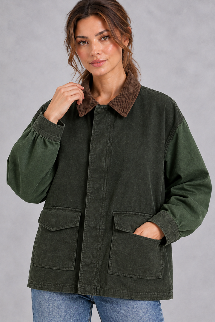 Women's Oversized Utility Jacket Relaxed Fit & Practical Patch Pockets, view 3 - Elena Harper