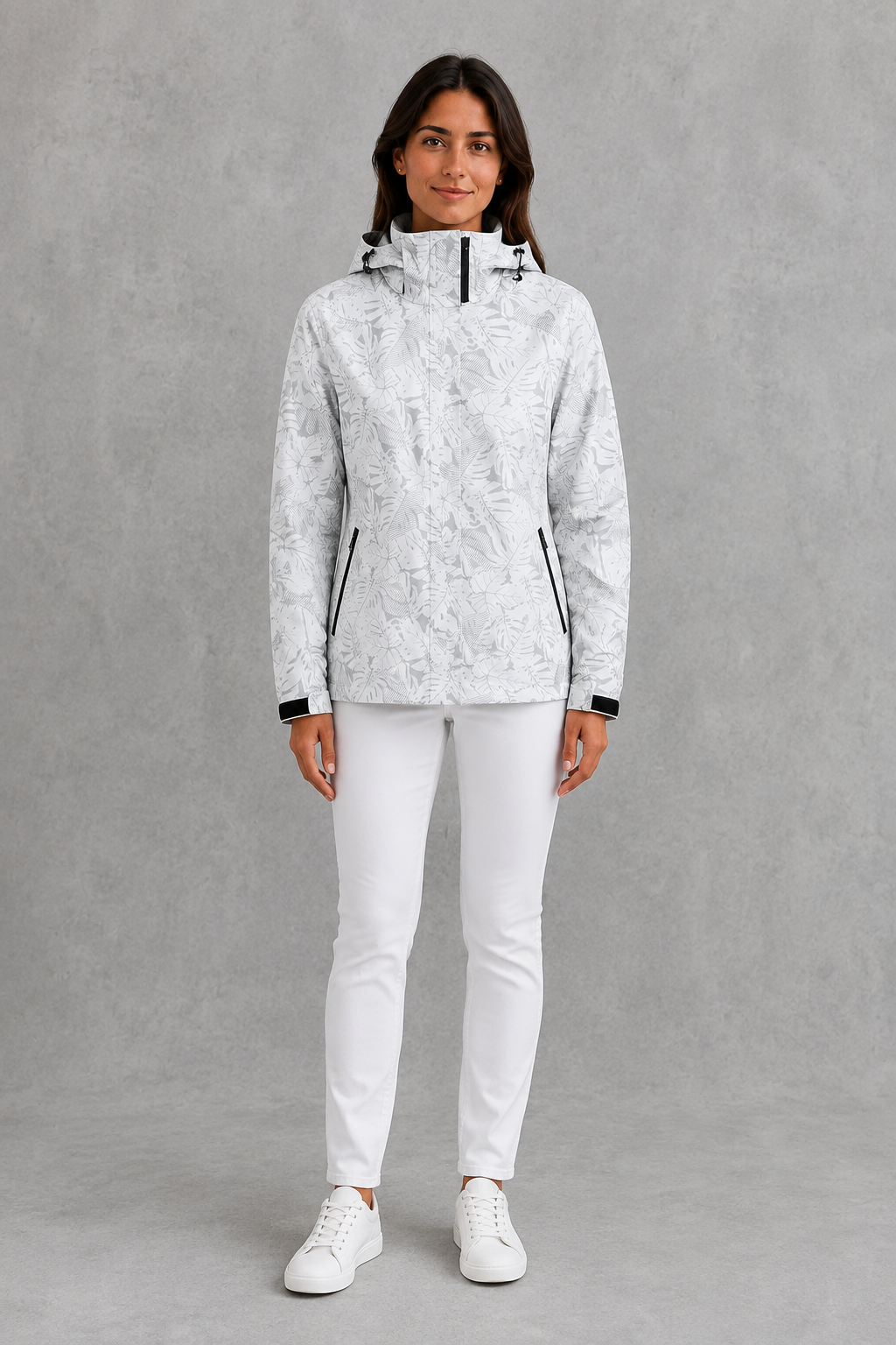 Women’s Waterproof Leaf Print Jacket – Lightweight Hooded Raincoat