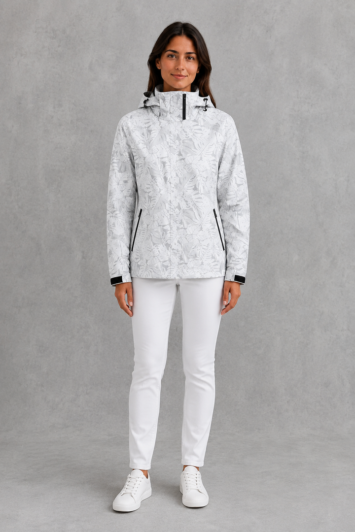 Women’s Waterproof Leaf Print Jacket – Lightweight Hooded Raincoat