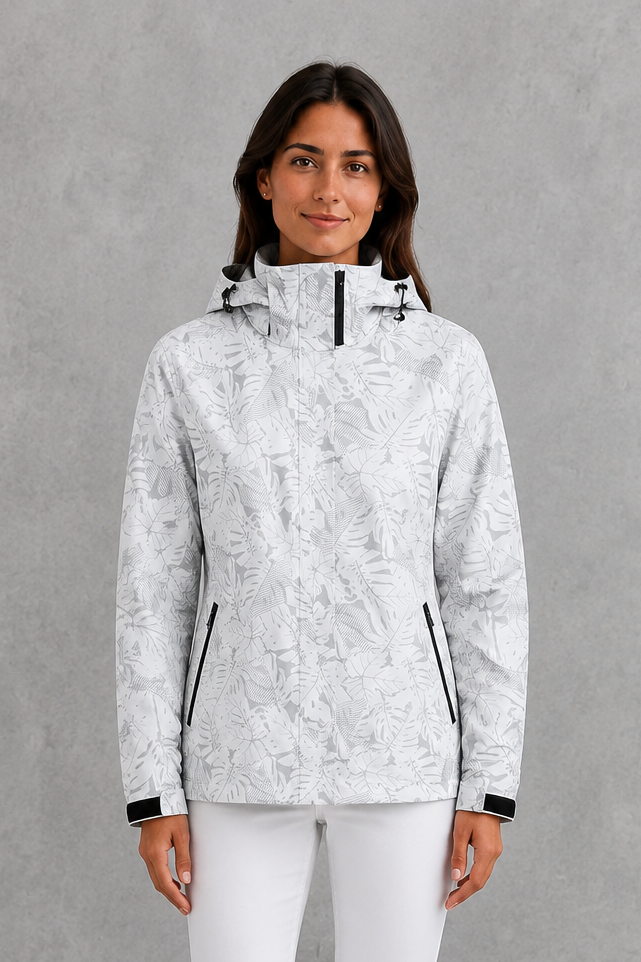 Women’s Waterproof Leaf Print Jacket – Lightweight Hooded Raincoat
