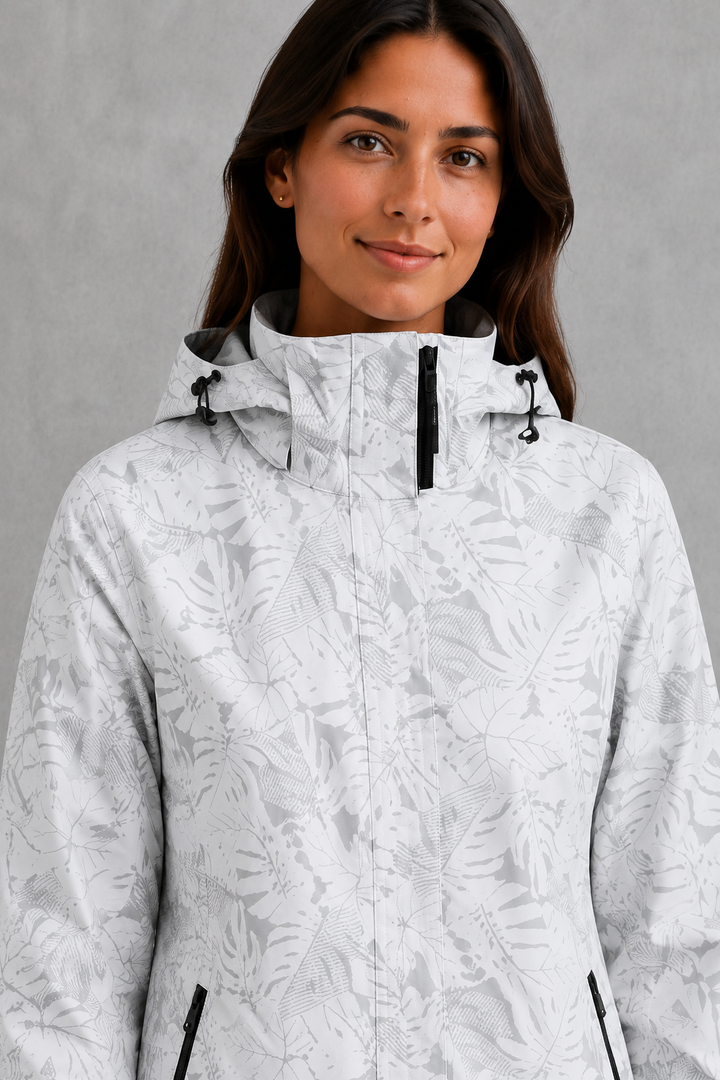 Women’s Waterproof Leaf Print Jacket – Lightweight Hooded Raincoat