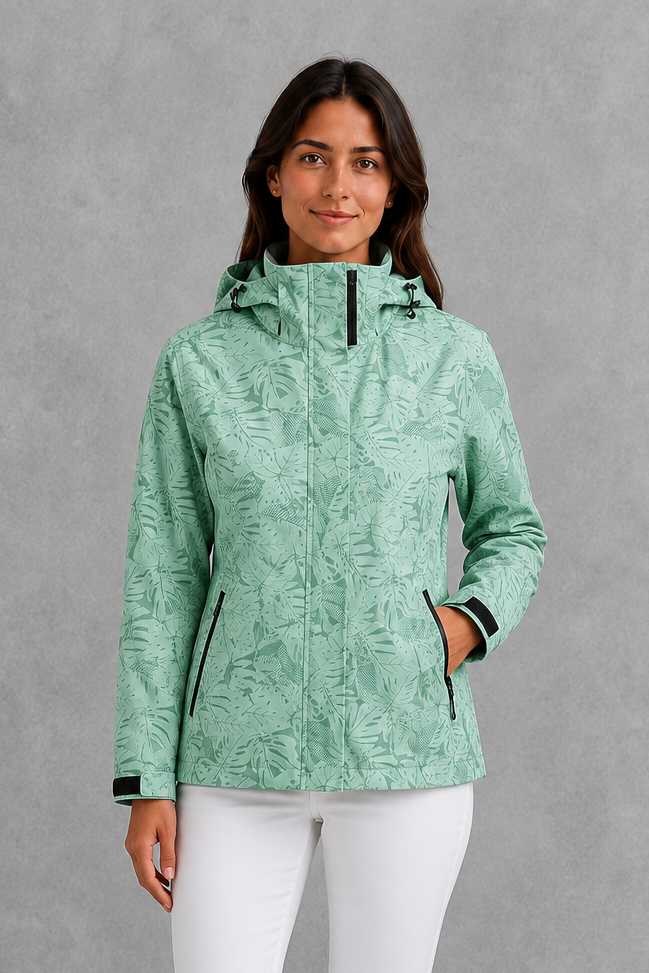 Women’s Waterproof Leaf Print Jacket – Lightweight Hooded Raincoat