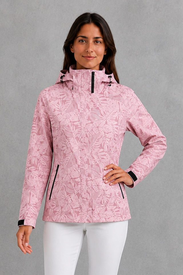 Women’s Waterproof Leaf Print Jacket – Lightweight Hooded Raincoat