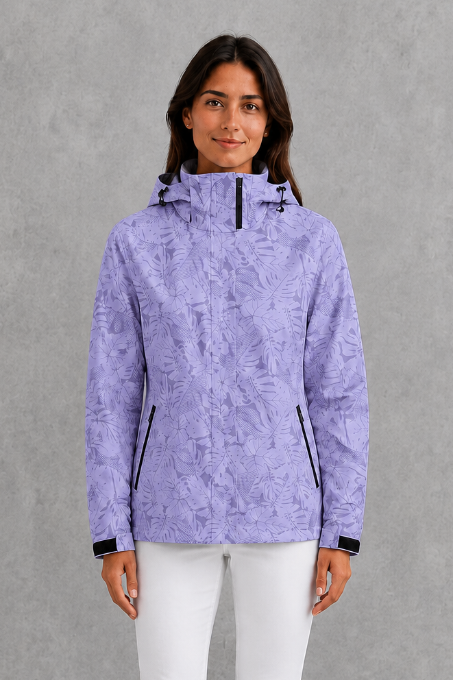 Women’s Waterproof Leaf Print Jacket – Lightweight Hooded Raincoat