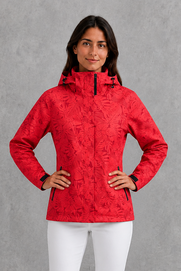 Women’s Waterproof Leaf Print Jacket – Lightweight Hooded Raincoat