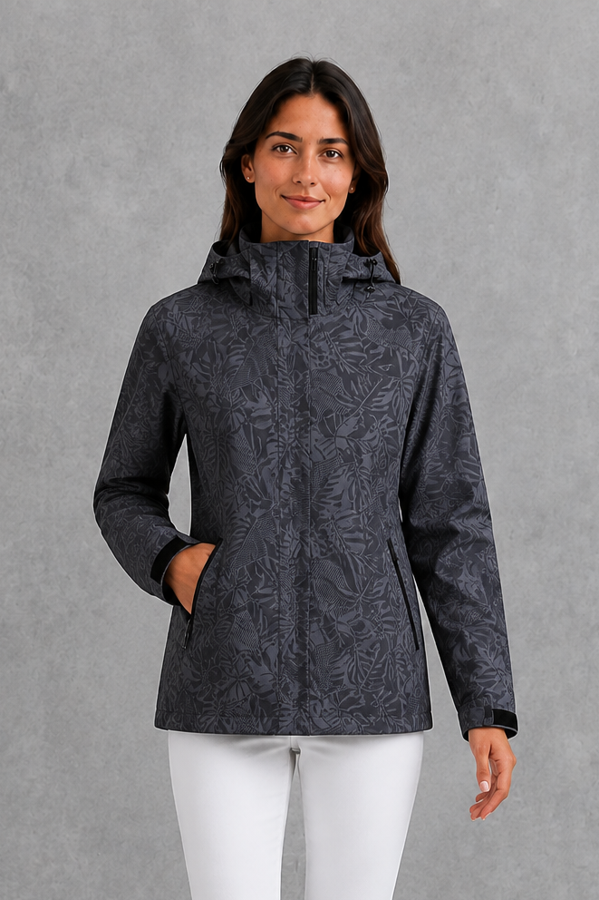 Women’s Waterproof Leaf Print Jacket – Lightweight Hooded Raincoat