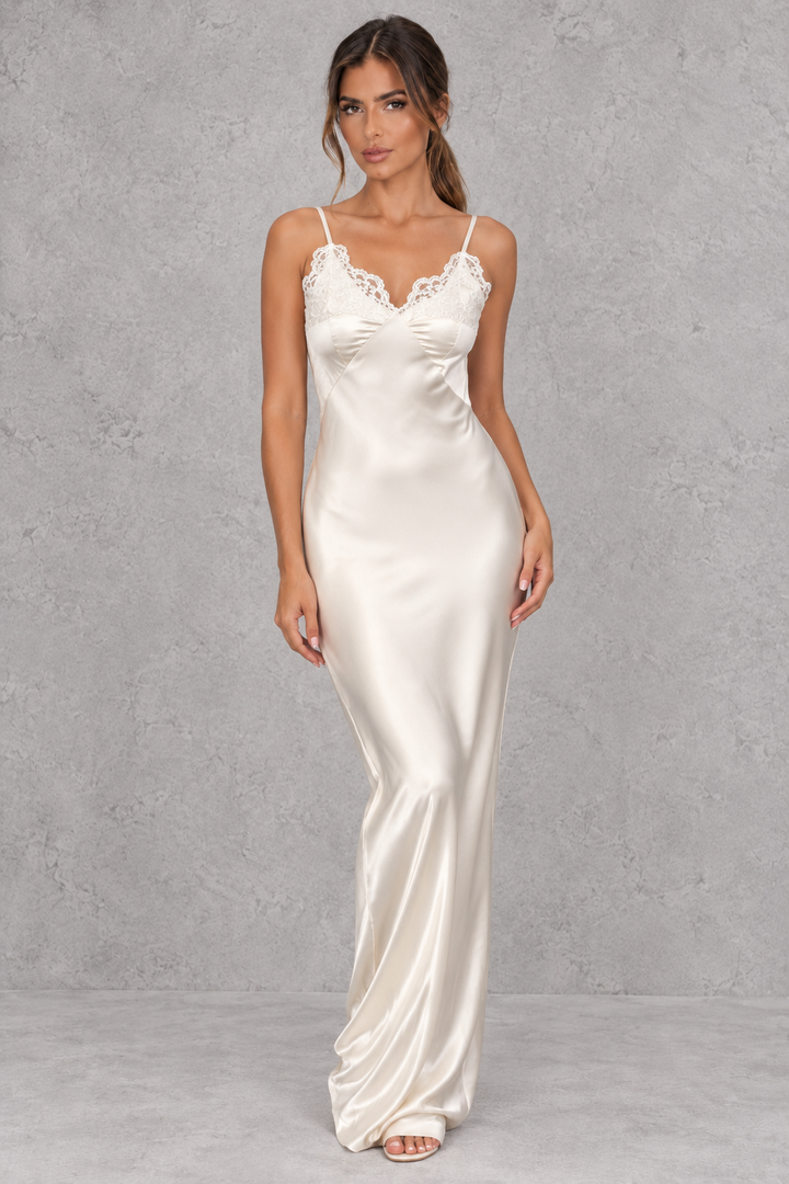 Women’s White Satin Lace Backless Maxi Party Dress