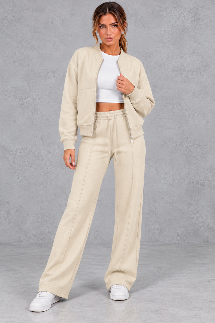 Women's Zip-Up Jacket & Straight-Leg Trousers Set – Casual Two-Piece Co-Ord