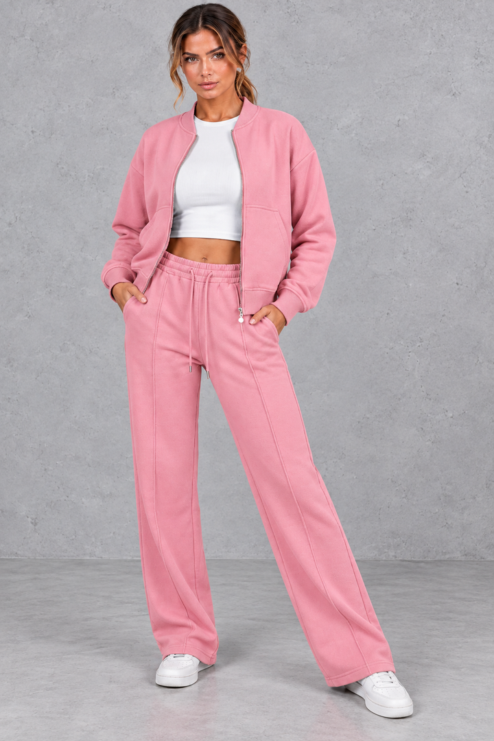 Women's Zip-Up Jacket & Straight-Leg Trousers Set – Casual Two-Piece Co-Ord