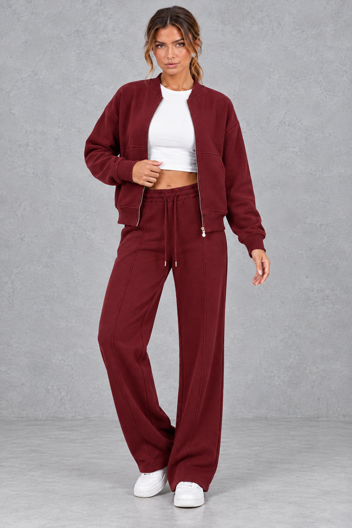 Women's Zip-Up Jacket & Straight-Leg Trousers Set – Casual Two-Piece Co-Ord