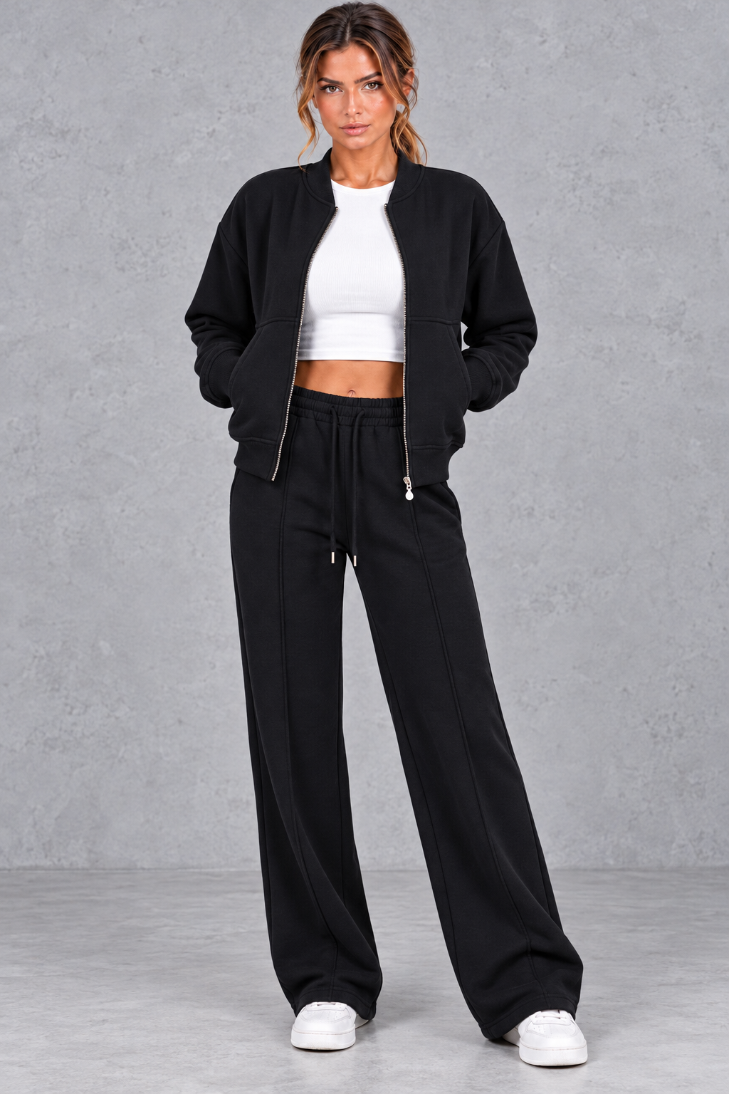 Women's Zip-Up Jacket & Straight-Leg Trousers Set – Casual Two-Piece Co-Ord