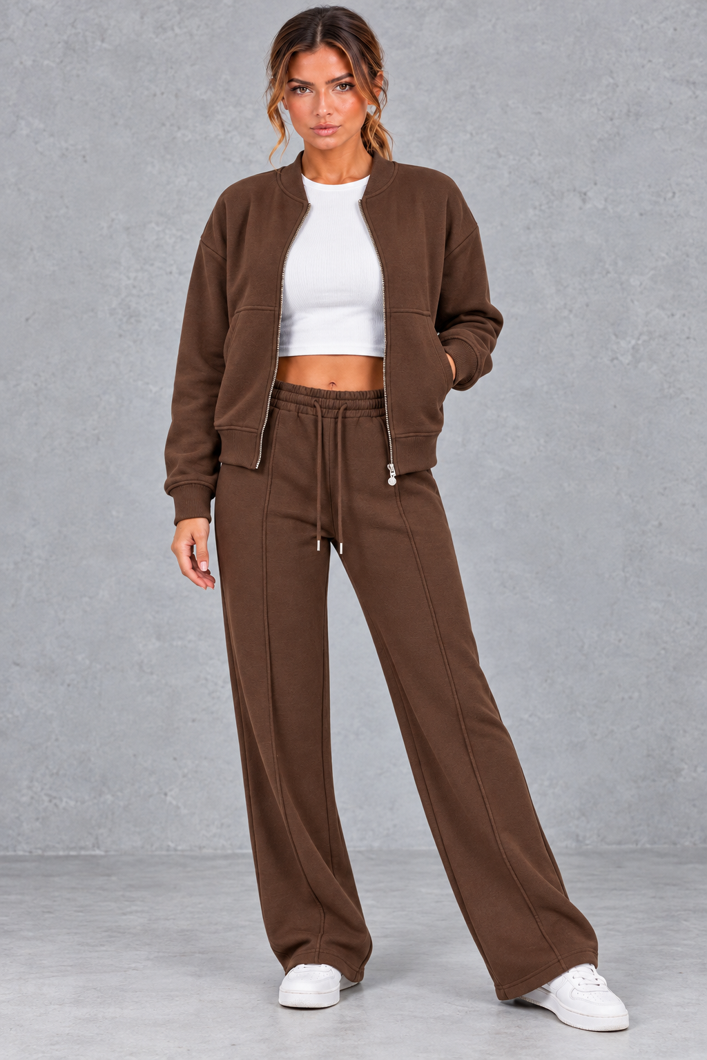 Women's Zip-Up Jacket & Straight-Leg Trousers Set – Casual Two-Piece Co-Ord