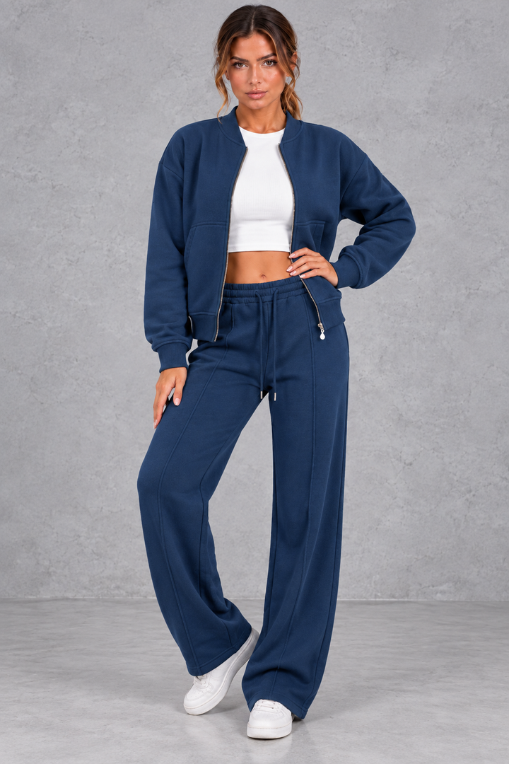 Women's Zip-Up Jacket & Straight-Leg Trousers Set – Casual Two-Piece Co-Ord