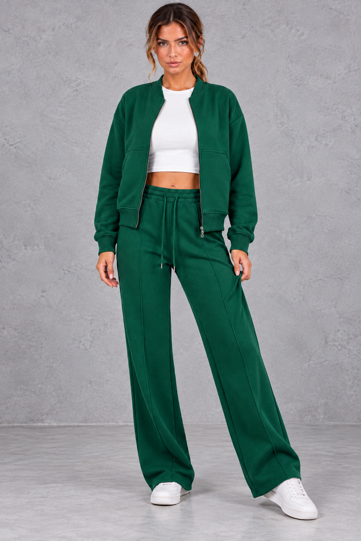 Women's Zip-Up Jacket & Straight-Leg Trousers Set – Casual Two-Piece Co-Ord