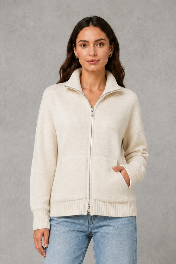 Women’s Zip Up Knit Cardigan – Funnel Neck Relaxed Knitted Jacket