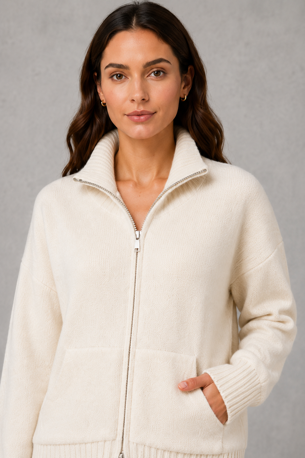 Women’s Zip Up Knit Cardigan – Funnel Neck Relaxed Knitted Jacket