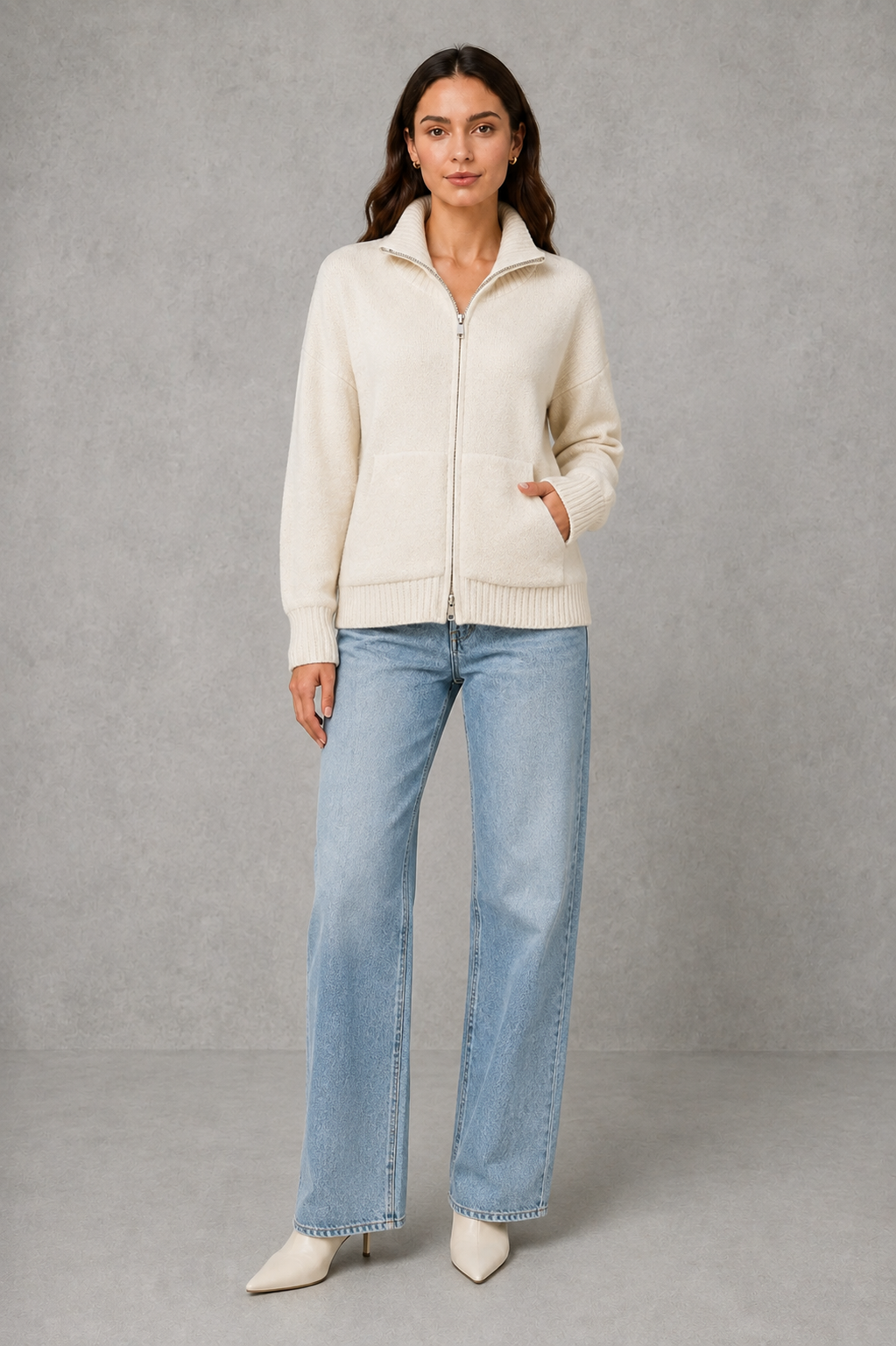 Women’s Zip Up Knit Cardigan – Funnel Neck Relaxed Knitted Jacket