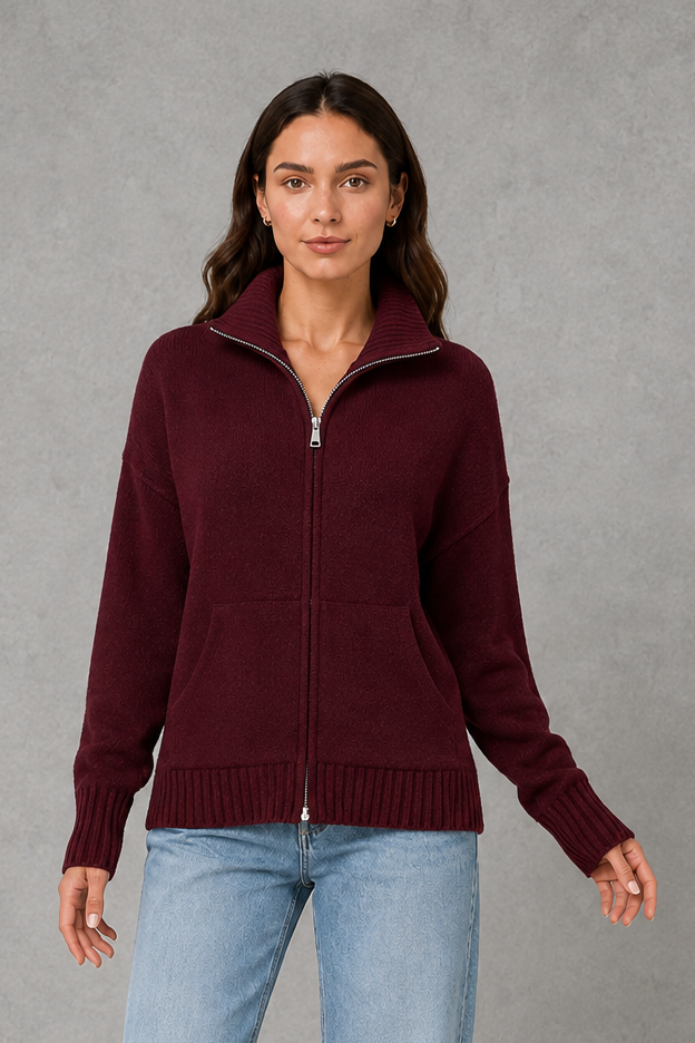 Women’s Zip Up Knit Cardigan – Funnel Neck Relaxed Knitted Jacket
