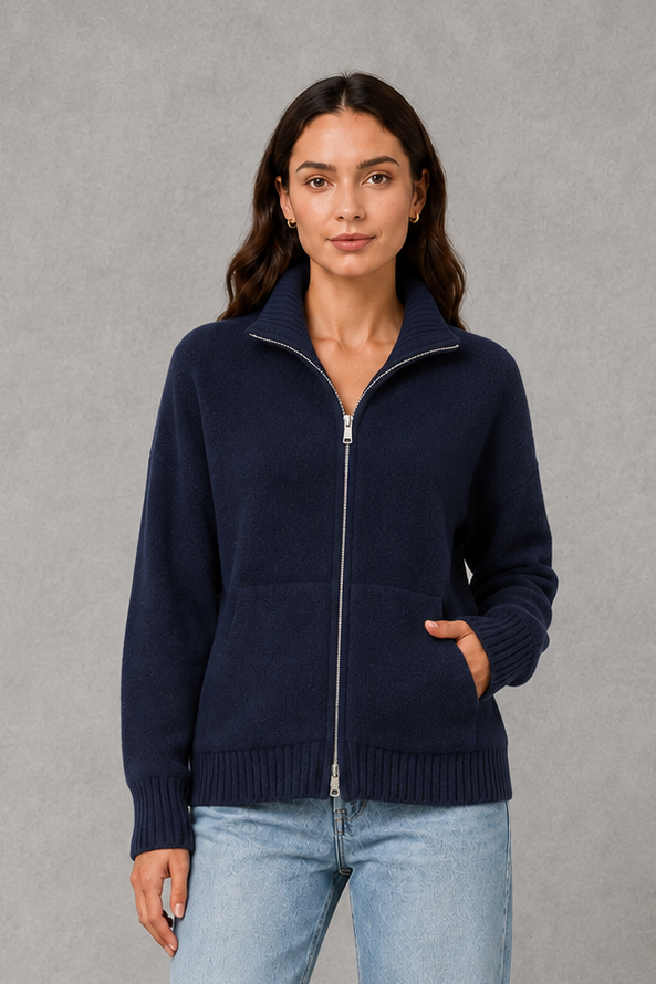 Women’s Zip Up Knit Cardigan – Funnel Neck Relaxed Knitted Jacket