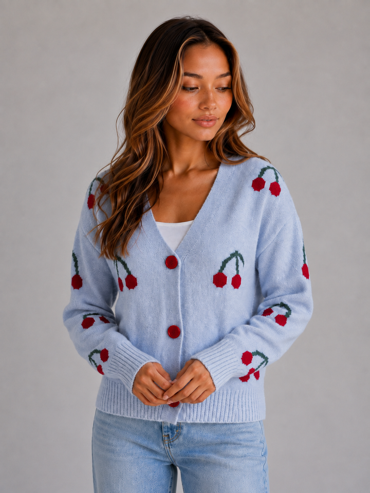 Women's Cherry Print Cardigan, view 5 - Elena Harper