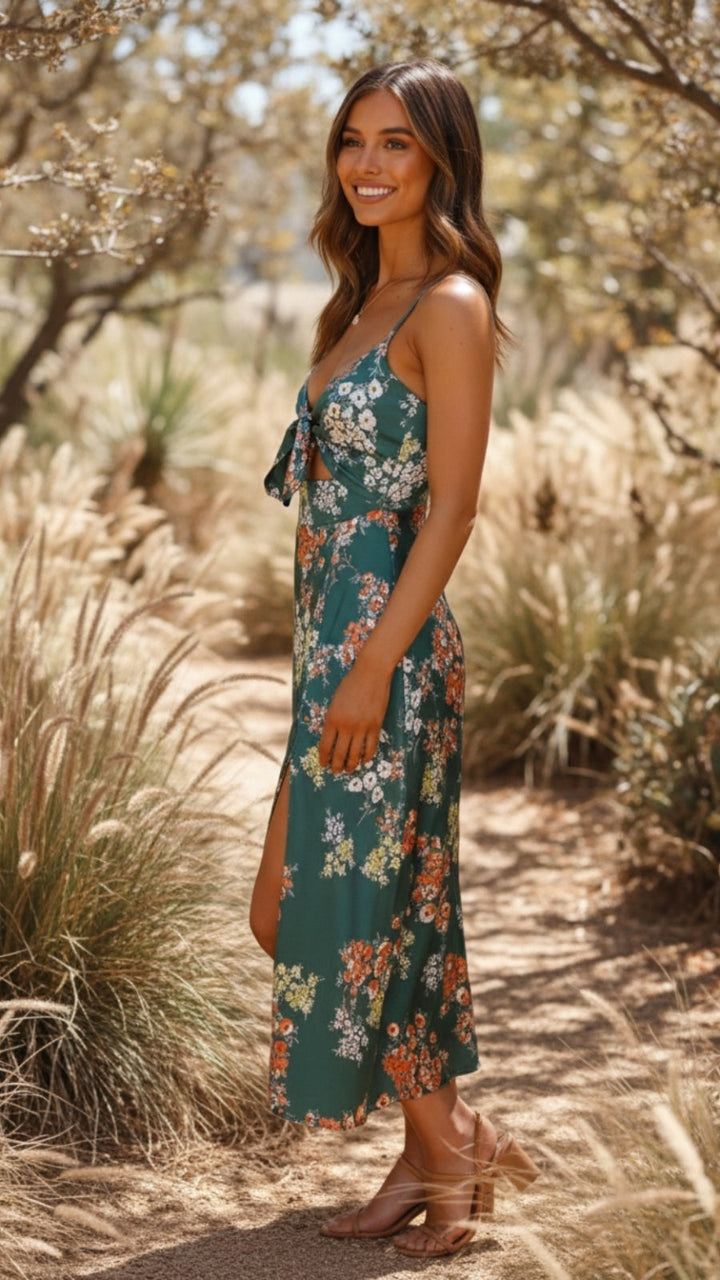 Floral Tie Front Sleeveless Summer Slit Midi Dress
