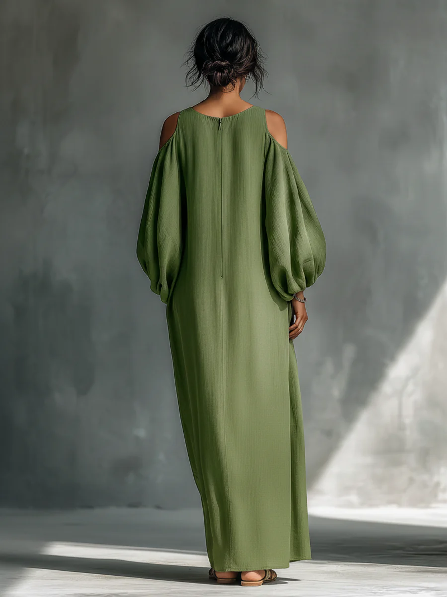 Anika Green Off-Shoulder Puff Sleeve Maxi Dress - Elena Harper