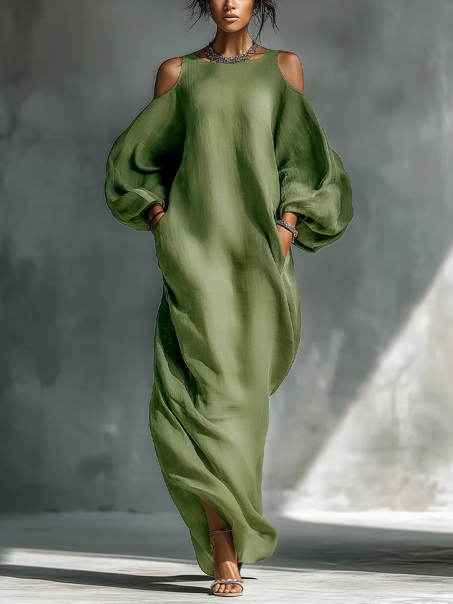 Anika Green Off-Shoulder Puff Sleeve Maxi Dress - Elena Harper