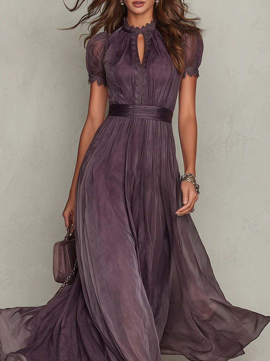 Women's Puff Sleeve Keyhole Pleated Maxi Dress