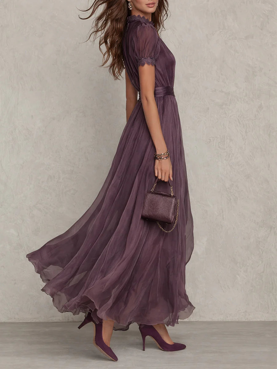 Women's Puff Sleeve Keyhole Pleated Maxi Dress