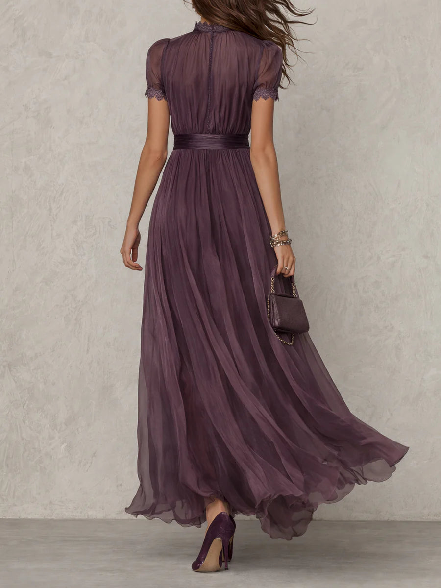 Women's Puff Sleeve Keyhole Pleated Maxi Dress