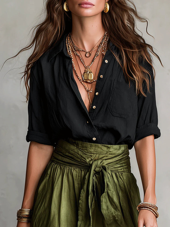 Women's Two-Piece Set Black T-Shirt Midi High-Waisted Elegant Skirt