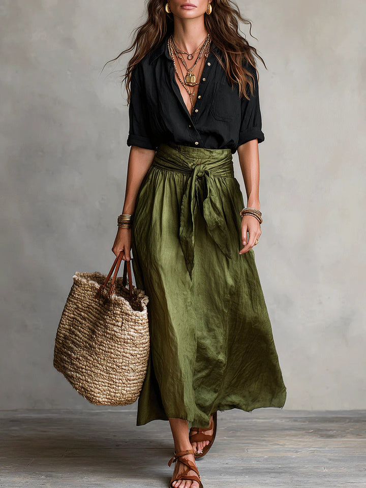 Women's Two-Piece Set Black T-Shirt Midi High-Waisted Elegant Skirt