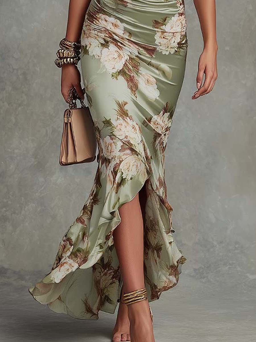 Women's Asymmetrical Floral Midi Dress - Elegant Style