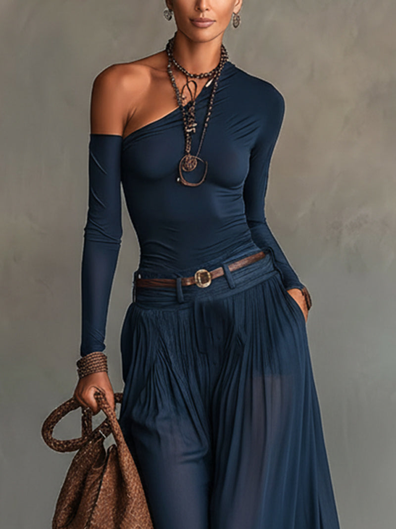 Lore Navy One-shoulder Top And Skirt Two-piece Set - Elena Harper