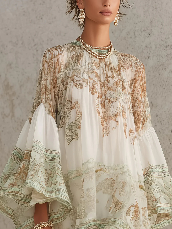Green Print Ruffle Hem Flounce Sleeve Chiffon Mini Dress - Elena Harper