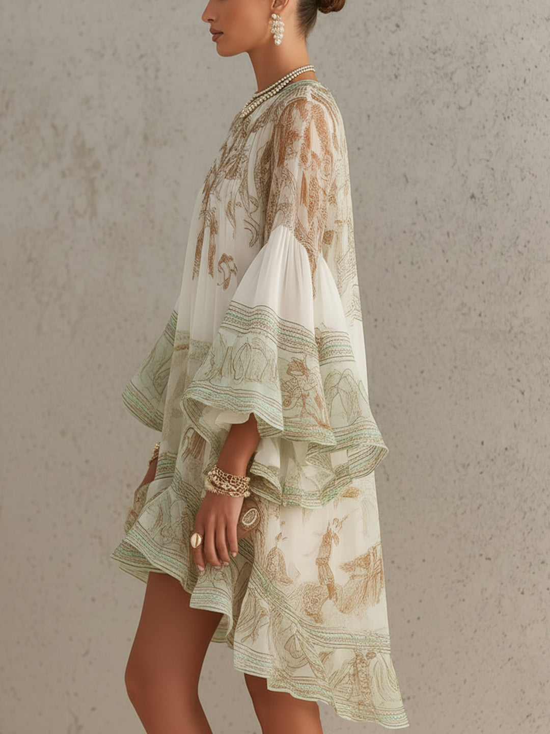 Green Print Ruffle Hem Flounce Sleeve Chiffon Mini Dress - Elena Harper