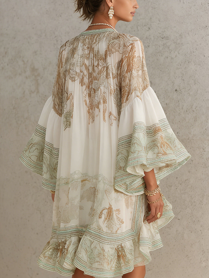 Green Print Ruffle Hem Flounce Sleeve Chiffon Mini Dress - Elena Harper