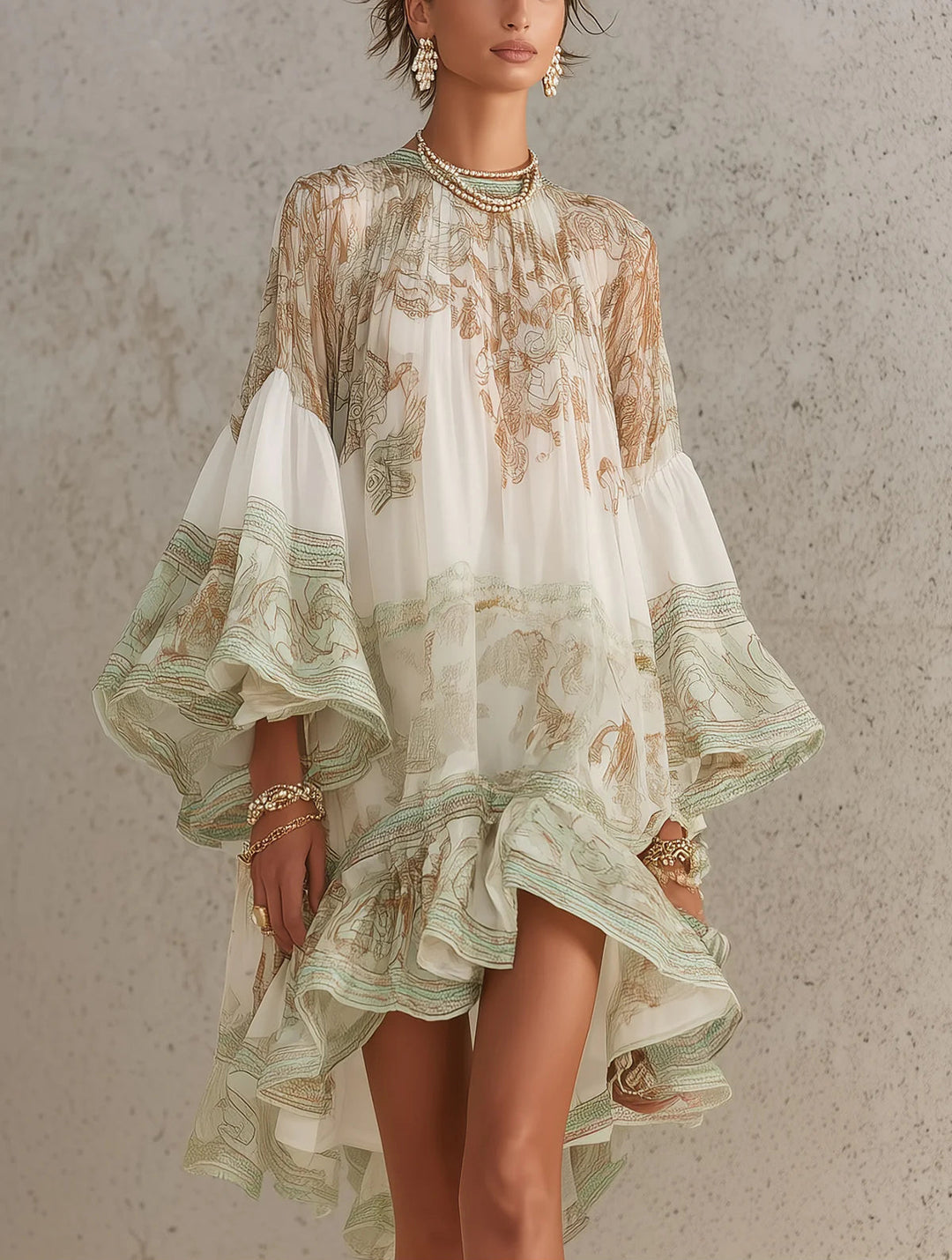 Green Print Ruffle Hem Flounce Sleeve Chiffon Mini Dress - Elena Harper