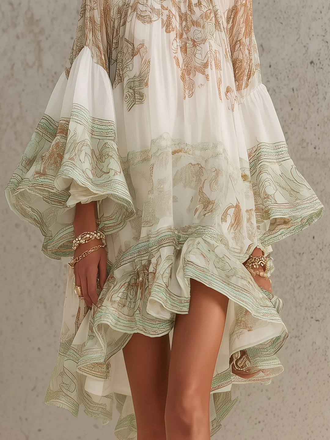 Green Print Ruffle Hem Flounce Sleeve Chiffon Mini Dress - Elena Harper