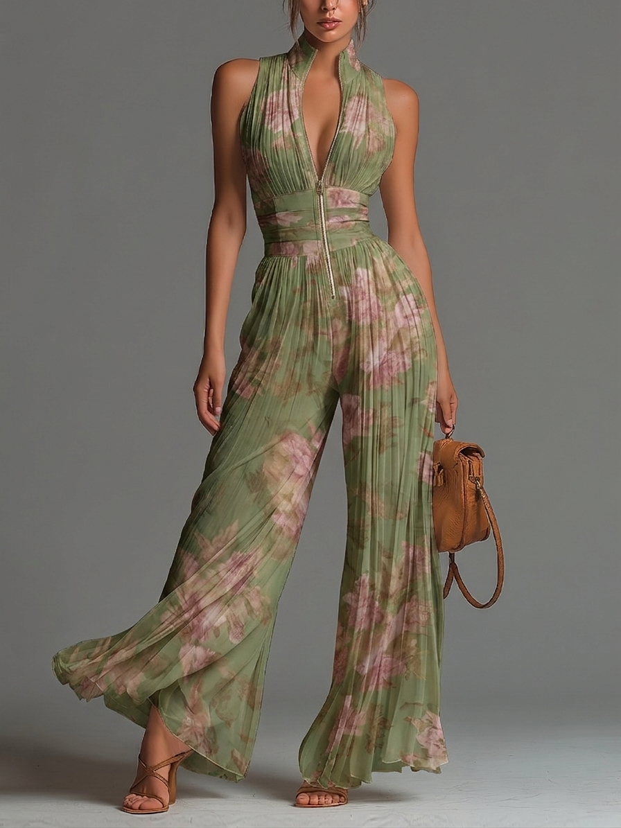 Green Floral V-neck Sleeveless Zip-up Pleated Wide-leg Chiffon Jumpsuit - Elena Harper