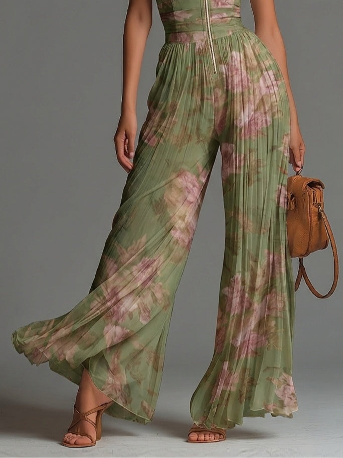 Green Floral V-neck Sleeveless Zip-up Pleated Wide-leg Chiffon Jumpsuit - Elena Harper