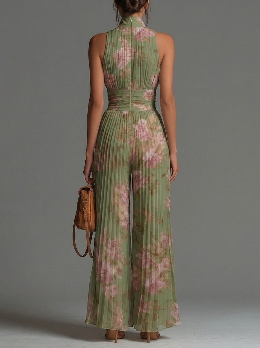 Green Floral V-neck Sleeveless Zip-up Pleated Wide-leg Chiffon Jumpsuit - Elena Harper