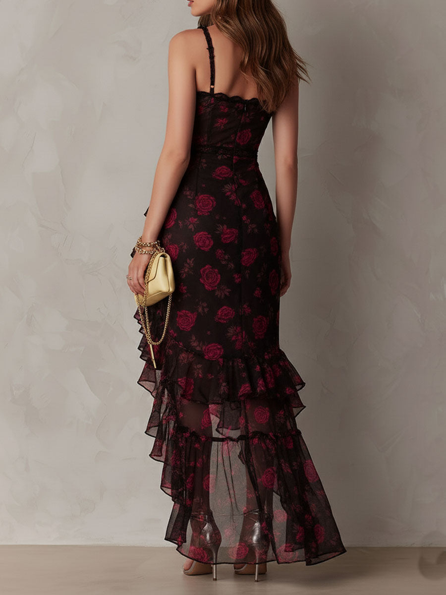 Chic Black And Red Floral Ruched Ruffle Hem Dress - Elena Harper