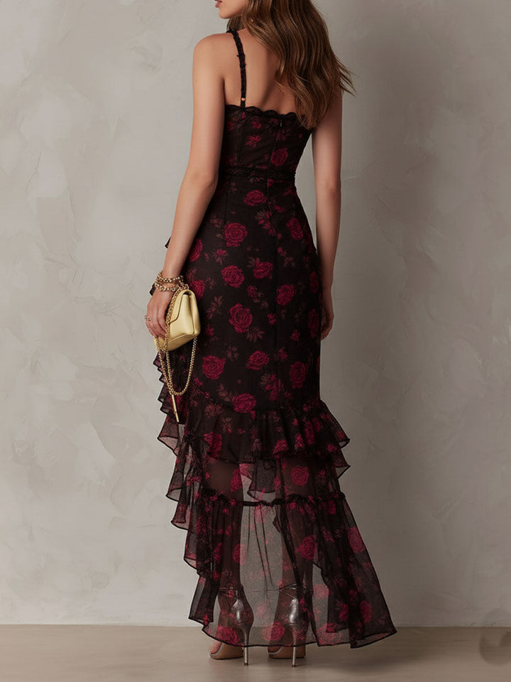 Chic Black And Red Floral Ruched Ruffle Hem Dress - Elena Harper